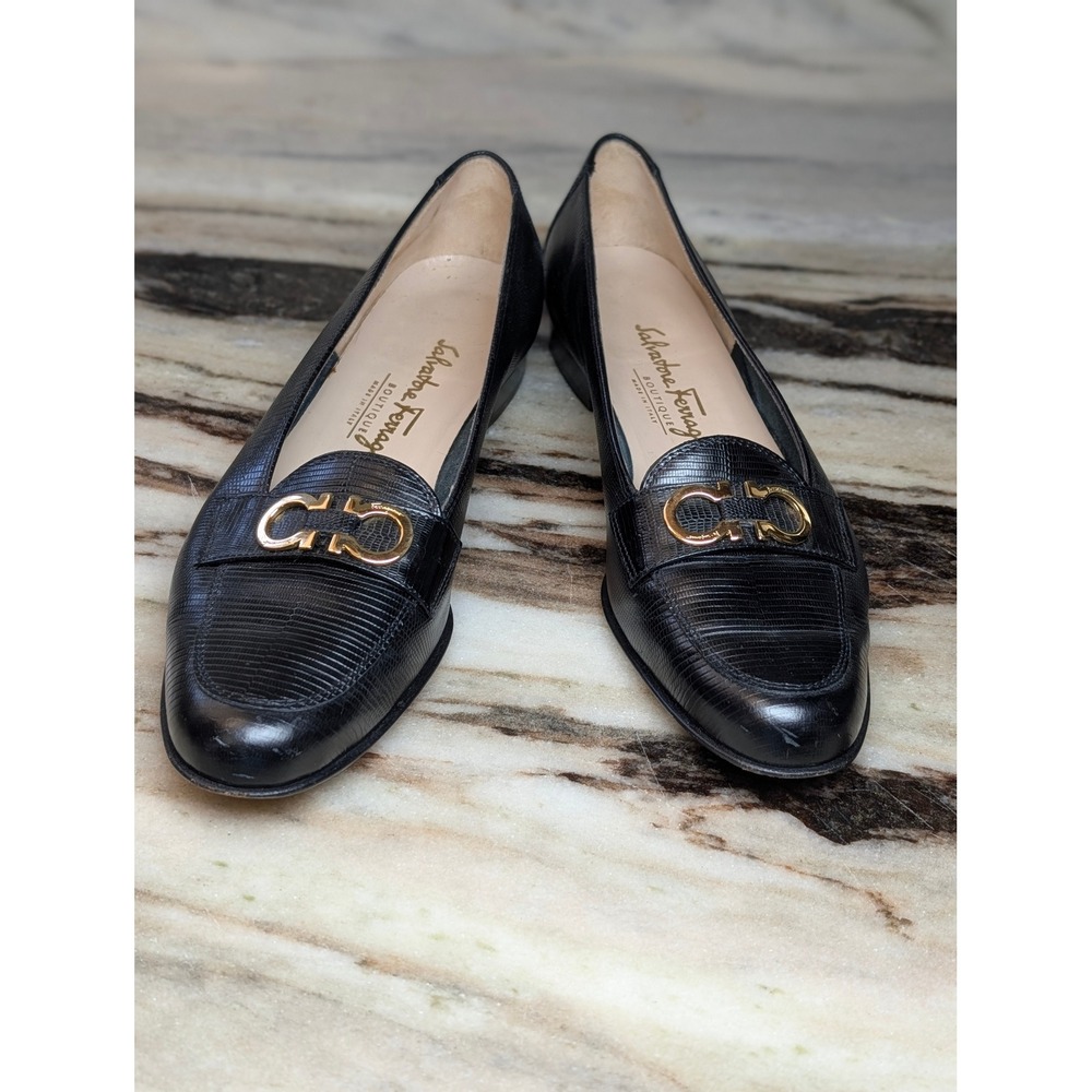 Salvatore Ferragamo Black Lizard Embossed Gancini Loafers Italian Leather 8.5 B